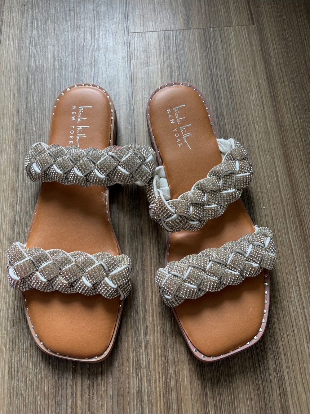 Nicole Miller Tan Braided Crystal-Embellished Slide Sandals
